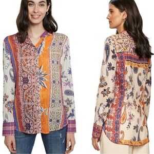 Desigual Paisley Floral Print Metallic Silver Striped Button Down Blouse - S